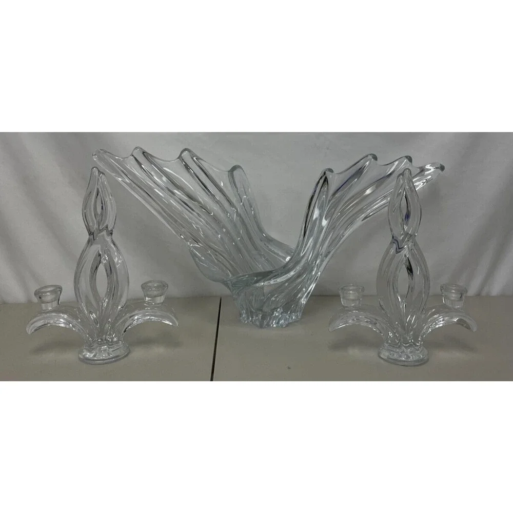 Vannes Crystal France Art Wings Centerpiece & Double Candlestick Holder Set of 3